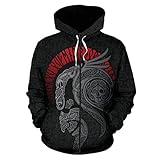 WYPAN Unisex Nordic Viking Hoodies, Neuheit Nordische Krähe Print 3D Muster Kapuzen Vintage Pullover Sweatshirt, Mode Langarm Mit Tasche,Zipper Hoodie,S