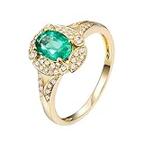 ANAZOZ Echtschmuck Damen Ring 18 Karat 750 Gelbgold 0.73 Karat Smaragd 0.22 Karat Diamant Trauring Damen 4 Klaue Solitärring Größe 48 (15.3) AN2042