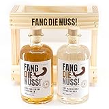 Fang die Nuss | Haselnuss Geschenk-Kiste | Likör 18% + Schnaps 36% + Holzkiste | Geprüft von Eichhörnchen aus der Region | Als Probier-Set oder Starter-Paket | 2x 0,5l | Genießen & G