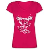 Kompatibel mit Oktoberfest Damen Trachtenshirt - Herzmadl mit Hirsch und Herzen - weiß - L - Fuchsia - trachtenshirts Damen - XO1525 - Damen T-Shirt mit V