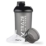 Protein Shaker 500 ml mit Pulverfach 150 ml - BPA frei - Fitness Becher auslaufsicher mit Skala - Sieb für cremige klumpenfreie Eiweiß Shakes - schw