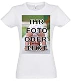 Damen T-Shirt Bedrucken mit eigenem Bild oder Text, T Shirt drucken, Tshirt drucken Lassen, Tshirt Designer, T-Shirt selbst gestalten, T-Shirt Druck. (Damen Weiss, XL)