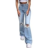 SKYWPOJU Damen Schlaghose Y2K Mode High Waist Bootcut Pant Weite Bein Boyfriend Stretch Skinny Jeans Hosen Vintage Leopard Jeanshose Schlagjeans Streetwear (Color : Light Blue, Size : S)