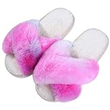 Evshine Damen Fuzzy Hausschuhe Cross Band Memory Foam Haus Hausschuhe Offene Zehe, Pink (Krawattenfarbe Pink), 37/38 EU