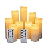 LED Kerzen Set von 9 Flammenlose Kerzen Batteriebetriebene Kerzen D2.2xH 4'5' 6'7' 8'9' Echtwachssäule Kerzen Flackern mit Fernbedienung und Timer-Steuerung, Elfenbein Farbe（9x1）