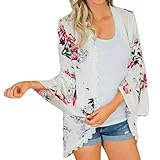 MRULIC Damen Florale Kimono Cardigan Boho Chiffon Sommerkleid Beach Cover up Leicht Tuch für die Sommermonate am Strand oder See (M, Y-Weiß)