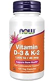 Now Foods, Vitamin D3 & K2, 1.000 IU, 120 vegane Kapseln, Laborgeprüft, Multivitamine, Glutenfrei, Sojafrei, Veg