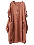 Lavnis Damen Leinen T-Shirt Tunika Kleid Rundhals Kurzarm Midi Kleid Braun 2XL