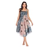 2 in 1 Rock Damen Lang Sommer Maxirock Strandrock Blumen Hohe Taille Rock Hippie Sommerkleid Frauen Lange Hippie böhmischen Zigeuner Boho Blumen elastische Taille Floral Halter ROC (Beige, OneSize)