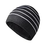 Damen Beanie Mütze Herrenmütze mit Streifenprint Beanie gefüttert Weiche Klassische Strick-Mütze Street Style Strickmütze mit Fell-Bommel mit Weichem Innenfutter Wintermü