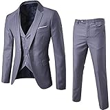 3-Teiliger Business-Anzug Für Herren 1 Knöpfe Schmale Einfarbige Jacke Smoking Anzüge Elegante Hochzeits-Blazer-Weste-Hose (L,Grau)