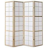 Homestyle4u 167, Paravent Raumteiler 4 teilig, Holz Natur, Reispapier Weiß, Höhe 175