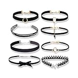 8PCS Chokerhalskette aus Samt, Gothic Halskette, Choker Halsketten mit Bändern, Samt Choker Halsketten Set, Velvet Choker, Halskette Velvet Choker, Tattoo Spitze Choker, für Damen Frauen M