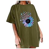 Übergroße T-Shirts für Damen, modischer Sonnenblumen-Druck, niedliches Grafik-T-Shirt, lässig, Rundhalsausschnitt, kurze Ärmel, Sommer, lockeres T-Shirt für junge Mädchen, armee-grün, M