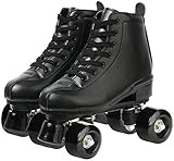 Xbshmw Rollschuhe PU Leder, glänzende Allrad Rollschuhe, Unisex für Erwachsene Kinder mit Tasche,Black Wheel,43