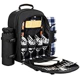 Sunflora Picknickrucksack 4 Personen Picknickset mit Isoliertem Kühlfach und Decke für Camping Outdoor (Schwarz)