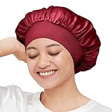 Mommesilk Seide Schlafmütze Damen mit Langen Haaren Weiche Nachtmütze mit breitem Gummiband für Schlafen/Krebs/Chemo/Haar-Verlust Verpackung MEHRWEG (Einzelgröße, Weinrot)