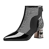 Xmiral Damen Stiefelette Mesh Perspektive Stiefel Pailletten Blockabsatz Spitze Zehenkappe Lederstiefel (Schwarz, 40)