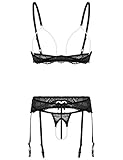 Agoky Damen Dessous Set Ungefüttert Bralette Unterwäsche Brustfrei Spitze BH und Slips Strumpfband Set Erotik Reizwäsche Schwarz L