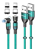 Schnelllade Ladekabel Magnetisch 540°, VAFOTON 3 in1 USB C Magnet Ladekabel[2Stück,1m+2m], 3A Schnelllade & Datenübertragungs Handy Ladekabel für Micro USB,Type C,Andere,Samsung (2Pack-Green)