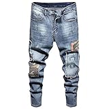 Herren Persönlichkeit Patchwork Bedruckte Jeanshose Fashion Slim Stretch Streetwear Outdoor Casual Trend Washed Jeans 30