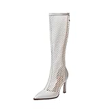 TinaCus Damen Spitzer Zehenbereich Lack/Wildleder mit Mesh Handgemachte Rücken Reißverschluss Stiletto High Heels Stilvolle Kniehohe Stiefel, Weiß, 40 EU