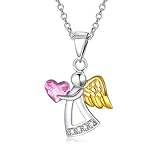 Schutzengel Kette Sterling Silber 925 Engel Anhänger Halskette mit Kristallen, Taufe Kommunion Geburtstagsgeschenke für Mädchen Kinder (Rosa)