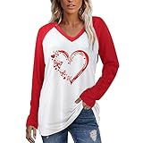 Hekbaep Valentinstag Motiv Bluse Fashion Baggy Frauen Lose Fröhlichen Valentinstag Bedrucktes Langarm-t-Shirt Longshirt Oberteile Liebesdruck Paar Bluse Valentinstagsgeschenk Für Sie (Rot, XL)