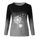 Herbstverlaufselemente Oberteile Löwenzahn-Print Langarmshirt Für Damen,Casual Lose Rundhals Blusen,Oversize Tops T-Shirts Für Schwangere Frau,Elegant Tunika Pullover,Schwarz,XXL