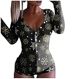 Damen Sexy Jumpsuit Schlafanzug Po Klappe V-Ausschnitt kurz Knöpfe Flip Cover Weihnachten Drucken Erwachsene Langarm Schlafanzug mit Geknöpfter Klappe Funktions-Overall Onesie Bodycon Stramp
