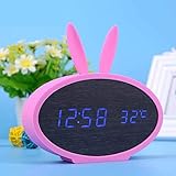 ZHTY Holzuhr LED Alarm Sound Control Mute Kalender Temperatur Gehorsam Kaninchen Silikon Uhr Kreative Holz Elektronik, Holz Lampe Schwarz + Pink