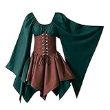 YEBIRAL Damen Mittelalter Kleid mit Trompetenärmel Gothic Retro Kleid Renaissance Cosplay Kostüm Gebunden Taille Übergröße Kleid Karneval Party Halloween Kostü