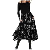 KIMODO Langarmkleid Freizeitkleider Minikleid Damendruck Rundhals Plissee Casual Loose Lässiges Swing mit Knielangen Taschenkleid Mode T-Shirt Kleider (D-Schwarz, L)