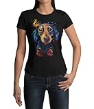 Trendig Stylisches Premium Damen T-Shirt Dackel Hund Teckel Hundefans Kurzarm Oberteil Tailliert Zwergdackel für Frauen Vintage Top aus Baumwolle Regular Fit Schwarz Weiß XS-XXL (Schwarz, L)