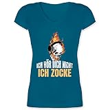 Nerd Geschenke - Ich hör Dich Nicht Ich zocke Totenkopf weiß - XXL - Türkis - Zocken - XO1525 - Damen T-Shirt mit V