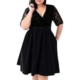 LOPILY Damen Abendkleid Große Größen Elegantes Spitzenkleid Hohe Taillen Cocktail Kleid Übergrößen Festliche Kleider für Damen Große Größen Swing Kleid für Hochzeit Gast (Schwarz, DE-46/CN-4XL)