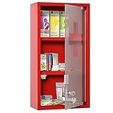 kleankin Medizinschrank Arzneischrank Erste-Hilfe-Schrank mit Schloss 3 Fächer Edelstahl Rot 25 x 12 x 48