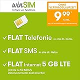 Handyvertrag winSIM LTE All 5 GB - ohne Vertragslaufzeit (FLAT Internet 5 GB LTE mit max. 50 MBit/s mit deaktivierbarer Datenautomatik, FLAT Telefonie, FLAT SMS und FLAT EU-Ausland, 9,99 Euro/Monat)