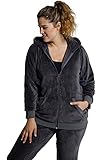 Ulla Popken Damen große Größen Übergrößen Plus Size Homewear-Jacke, Plüsch, Kapuze, Pompon-Band dunkelgrau 62+ 797978100-62+