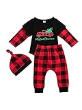 Geagodelia Dreiteiliges Baby Weihnachtskostüm Set Rundhals-Overall + Hose + Jungenmütze, schwarz/rot, 0-18 Monate (schwarz, 9-12 Monate)