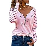 Damen Plus Size Top Herz Print T Shirt Sexy V Ausschnitt Reißverschluss Langarm T Shirt Casual Lose Pullover Top, rose, X-Larg