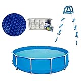 well2wellness® Framepool Frameschwimmbecken Swing blau 3.66m x 91cm (12' x 36') Plus Pool Solarfolie Ø 3,05 m + Poolleiter 3+3 stufig aus Stahlrohr und Wasserpflege Set Clewa 5in1