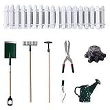Ulikey Miniatur Puppenhaus Set, 9 Stück Garten Puppenhaus Dekoration Ornamente, Miniatur Garten Miniatur Gartengeräte Set, Metall Gießkanne Rake Schaufel Weißer Zaun Miniatur Garten Dek