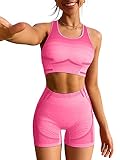 LNSK Damen Workout Outfit 2 Stück Sportanzüge Nahtlos Hohe Taille Yoga Shorts Ärmellos Crop Top Gym Kleidung Set - Rot - S