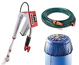 Gartenmeister Set Akku-Regenfasspumpe, teleskopierbar, 12 Volt + Regentonnen-Netz 95 cm + Gartenschlauch-Set „Economic ½“, 20 M