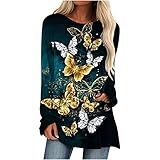 Damen Bedruckte lässige Langarm-Bluse mit Rundhalsausschnitt, T-Shirt-Oberteile für Frauen,Retro Drucken T-Shirt Pullover Oversize Oberteile Streetwear Elegant Tops Trägerlos Shirts Lose B