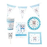 PRETYZOOM Blue Tooth Theme Einweggeschirr Obst Picks Pappbecher Teller Servietten Set Niedlichen Zahn Druck Tischdecke Geschirr und Wimpel Set Kindergeburtstag Party Supplies 42 stücke in 1 S