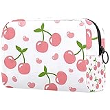 Kosmetiktasche, Reisetasche, klein, Korallenrosa, Obstkirschenmuster, 18,5 x 7,6 x 13 cm (L x B x H), tragbare Make-up-Taschen, Organizer, Reißverschluss für F