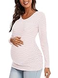 Love2Mi Langarm Umstandsshirt Streifen Schwanger T-Shirt mit Tasche Casual Umstandsmode Umstandstop Rosa Weiß Streifen M