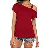 Frauen T-Shirt einfarbiger Pullover trägerloser Schrägkragen Tops Kurzarm Off Shoulder Tunika Casual Bluse(L,Rot)